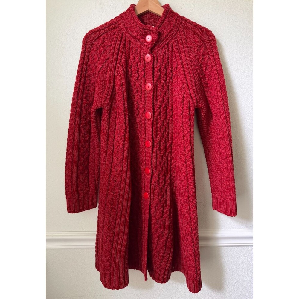 Blarney Ireland 100% Merino Wool Long Cable Knit Sweater L Made in Ireland Red - Picture 2 of 11